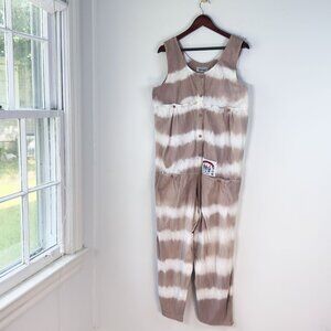 Vintage 80s Brown and White Tie Dye Woman's Button Up Jumpsuit Large Lagenlook